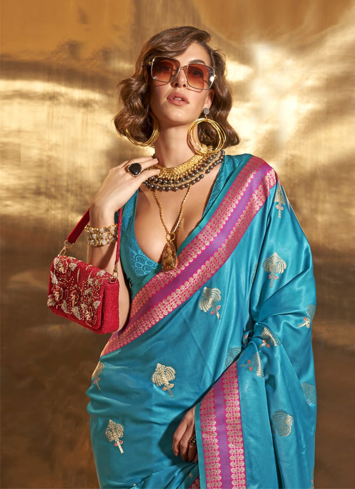 Lassya Fashion Sea Blue Exquisite Silk Saree with Chaap Handloom Weaving