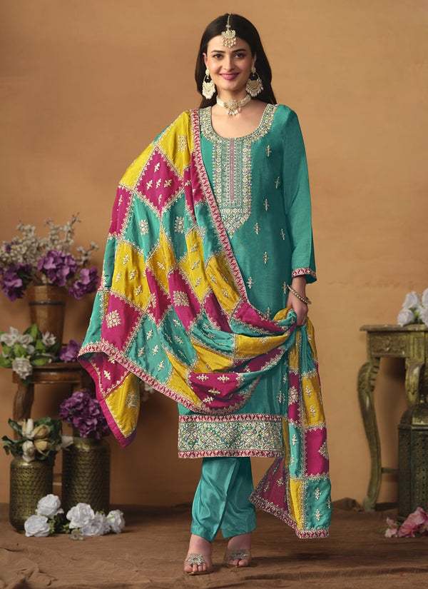 Lassya Fashion Teal Green Wedding Salwar Suit in Chinon Silk