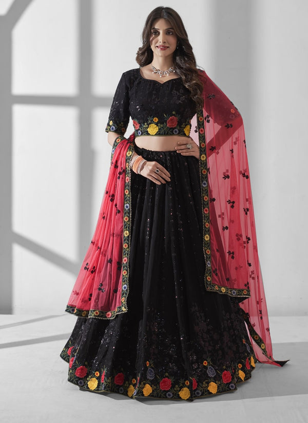 Lassya Fashion Midnight Black Engagement Lehenga with Sequence and Multi Embroidery