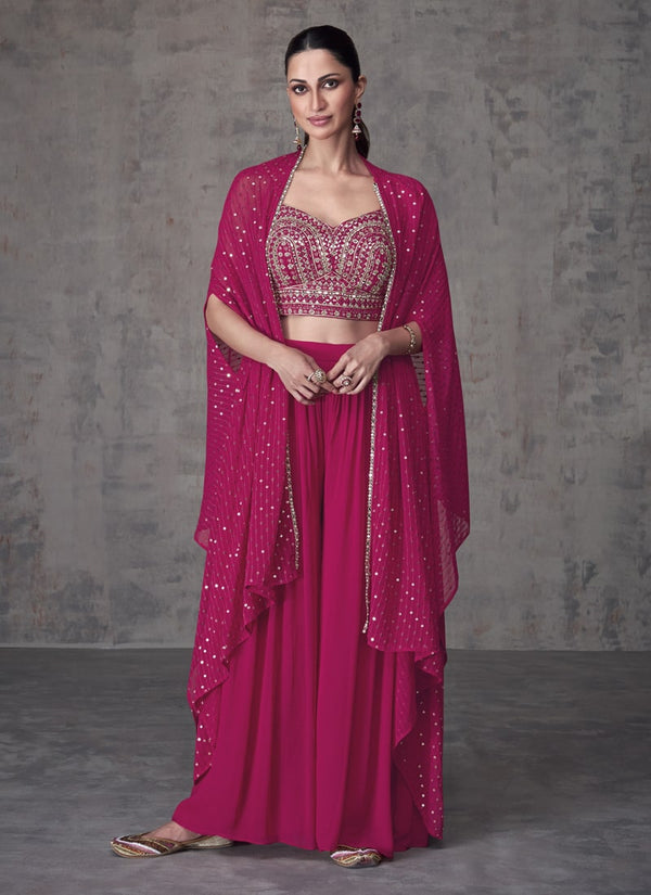 Lassya Fashion Ruby Pink Indo-Western Georgette Dress with Crop Top Skirt and Jacket