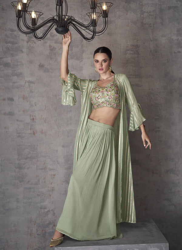 Lassya Fashion Pista Green Indo-Western Jacquard Silk Dress with Crop Top Skirt and Jacket
