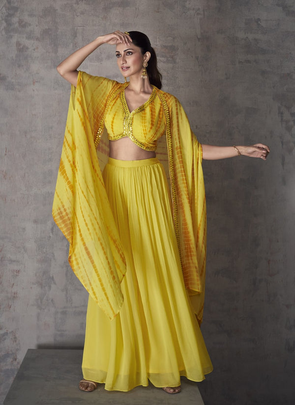 Lassya Fashion Lemon Yellow Indo-Western Georgette Dress with Crop Top Skirt and Jacket
