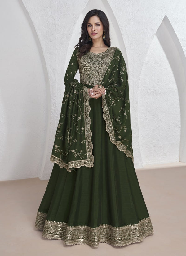 Lassya Fashion Olive Green Silk Wedding Gown with Intricate Embroidery