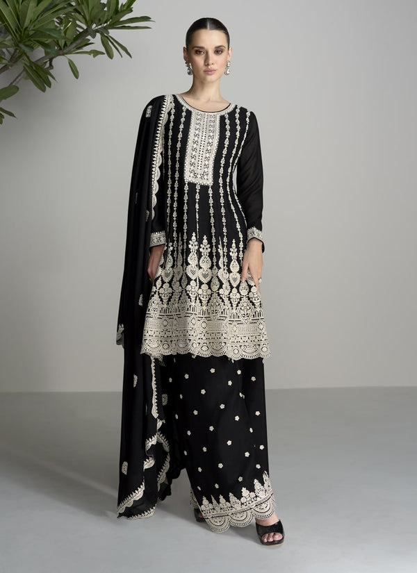 Lassya Fashion Black Premium Chinnon Silk Sharara Suit Set