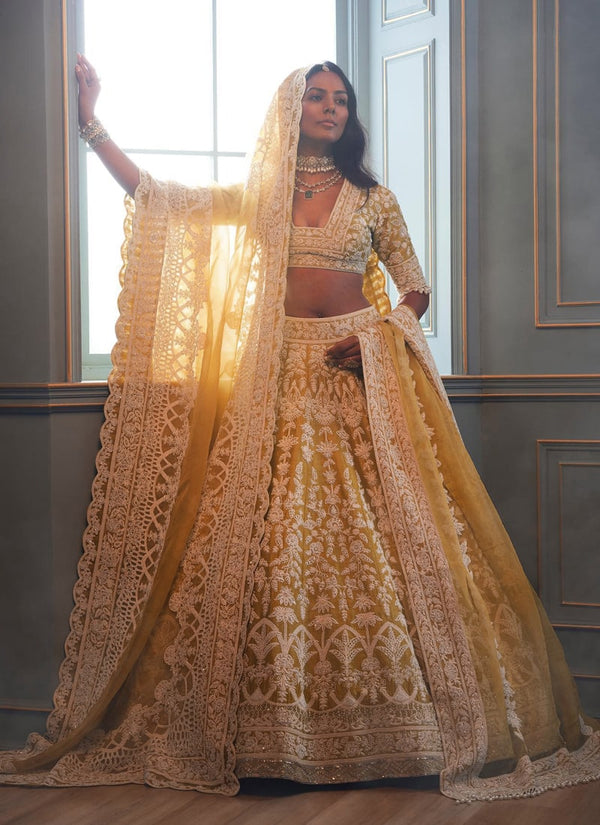 Lassya Fashion Yellow Heavy Butterfly Net Wedding Lehenga Set