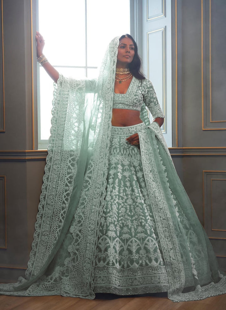 Lassya Fashion Aqua Blue Heavy Butterfly Net Wedding Lehenga Set