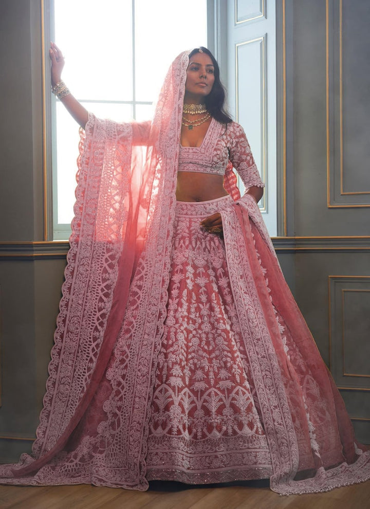 Lassya Fashion Pink Heavy Butterfly Net Wedding Lehenga Set