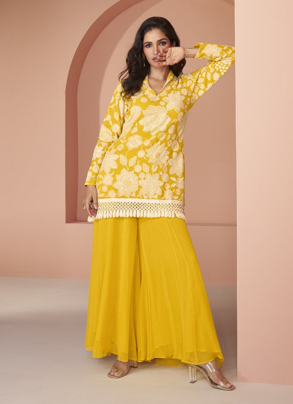 Lassya Fashion Yellow Printed Pure Georgette Palazzo Suit