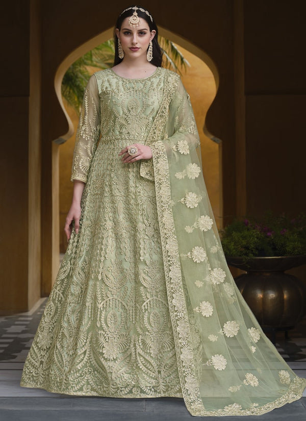 Lassya Fashion Pista Green Stone-Embroidered Pure Butterfly Net Anarkali Dress