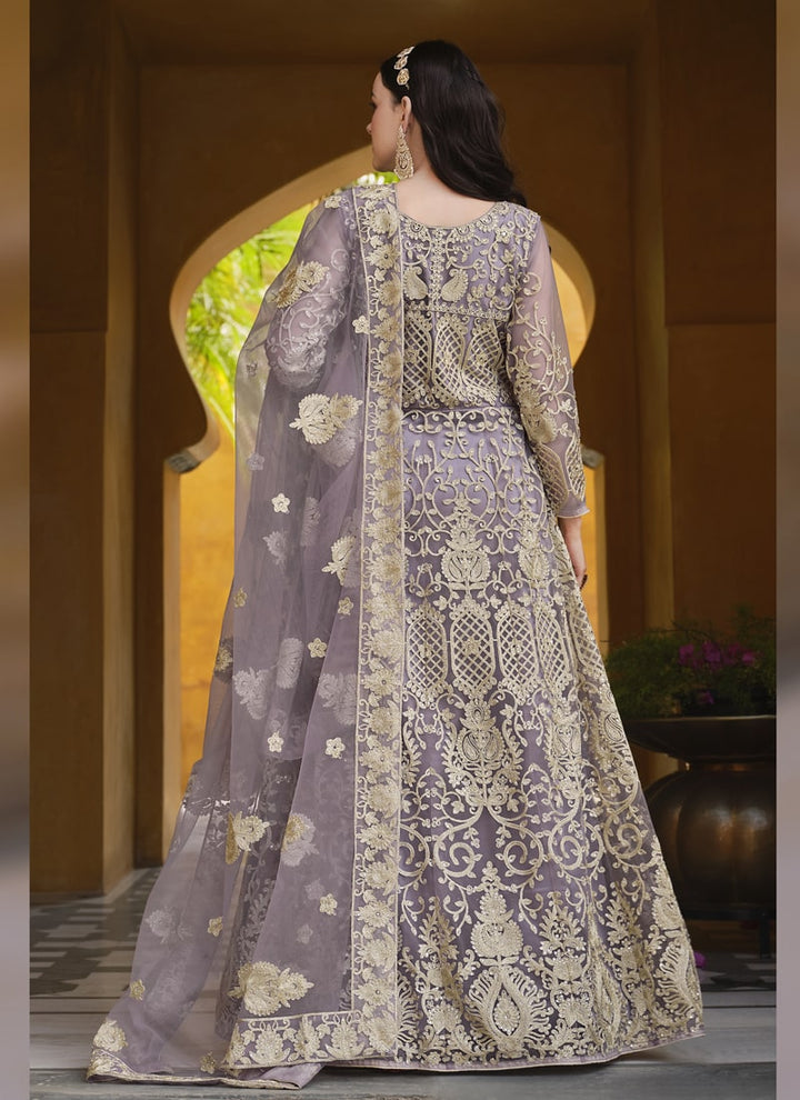 Lassya Fashion Lavender Stone-Embroidered Pure Butterfly Net Anarkali Dress