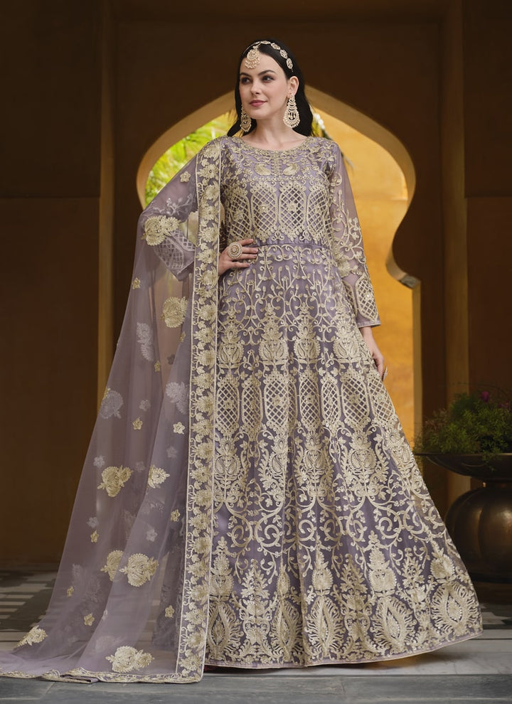 Lassya Fashion Lavender Stone-Embroidered Pure Butterfly Net Anarkali Dress