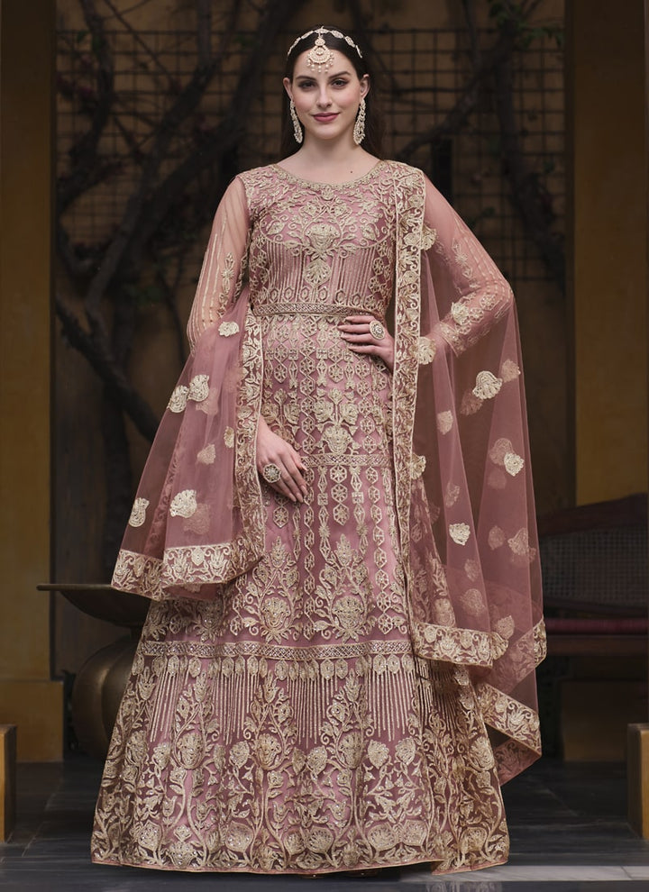 Lassya Fashion Rose Pink Stone-Embroidered Pure Butterfly Net Anarkali Dress