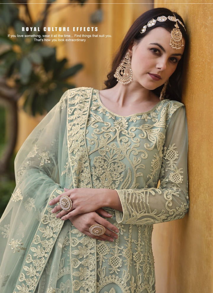 Lassya Fashion Pista Green 2 Stone-Embroidered Pure Butterfly Net Anarkali Dress