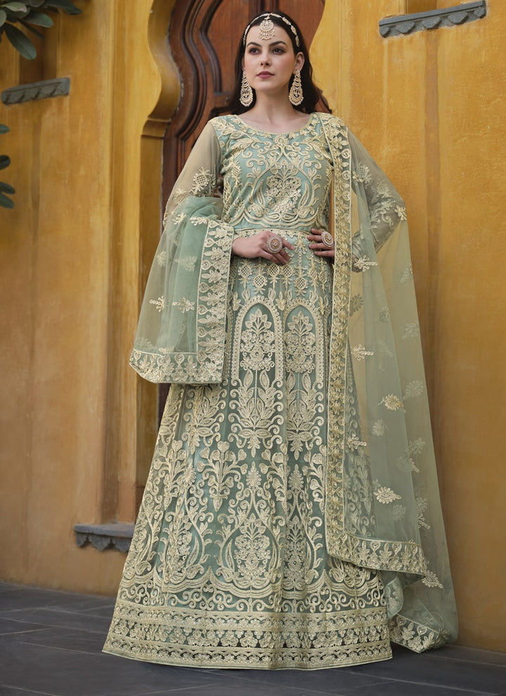 Lassya Fashion Pista Green 2 Stone-Embroidered Pure Butterfly Net Anarkali Dress