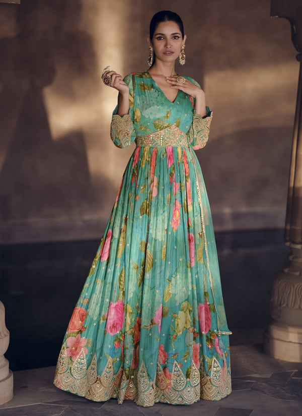 Lassya Fashion Sage Green Embroidered Georgette Wedding Gown