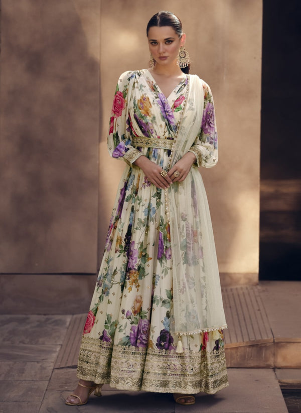 Lassya Fashion Cream Embroidered Georgette Wedding Gown