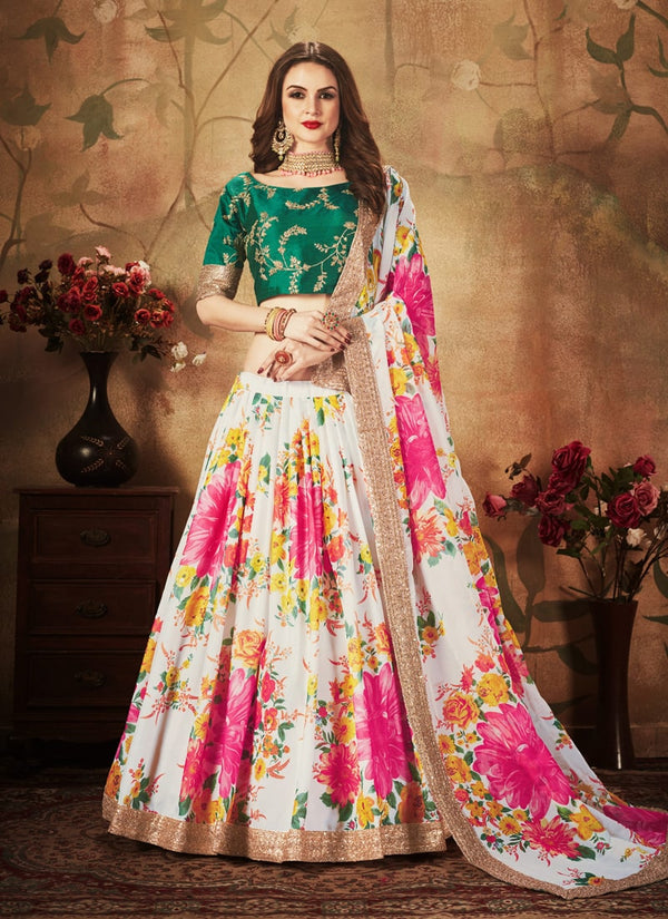 Lassya Fashion Off-White And Green Digital Print Organza Wedding Lehenga