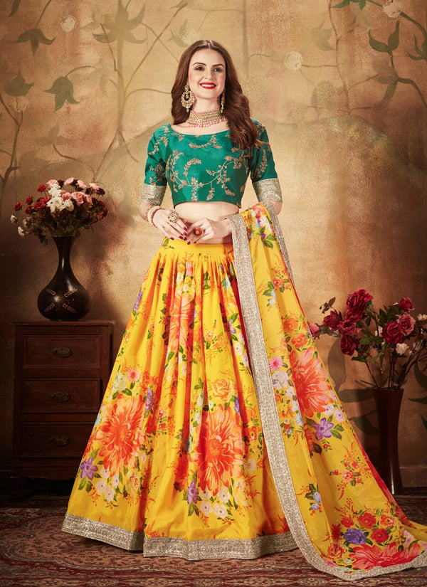 Lassya Fashion Yellow And Green Digital Print Organza Wedding Lehenga