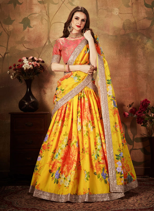 Lassya Fashion Yellow And Orange Digital Print Organza Wedding Lehenga