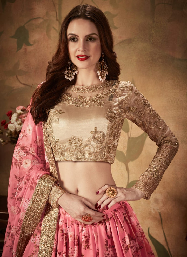 Lassya Fashion Pink And Beige Digital Print Organza Wedding Lehenga