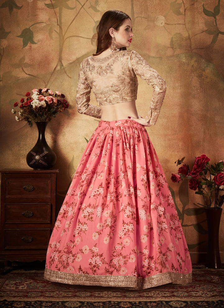 Lassya Fashion Pink And Beige Digital Print Organza Wedding Lehenga