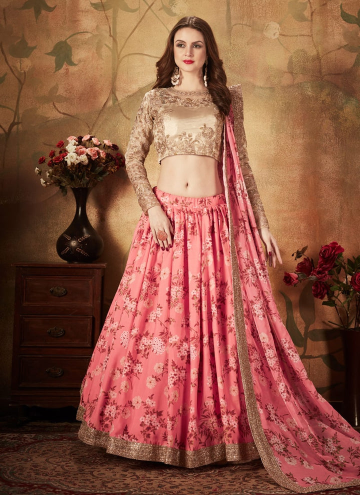 Lassya Fashion Pink And Beige Digital Print Organza Wedding Lehenga