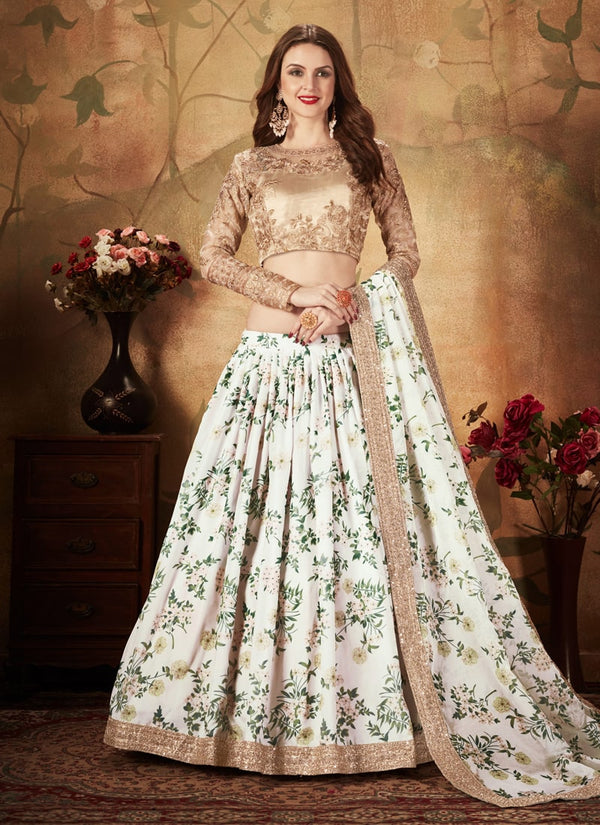 Lassya Fashion Off White And Beige Digital Print Organza Wedding Lehenga