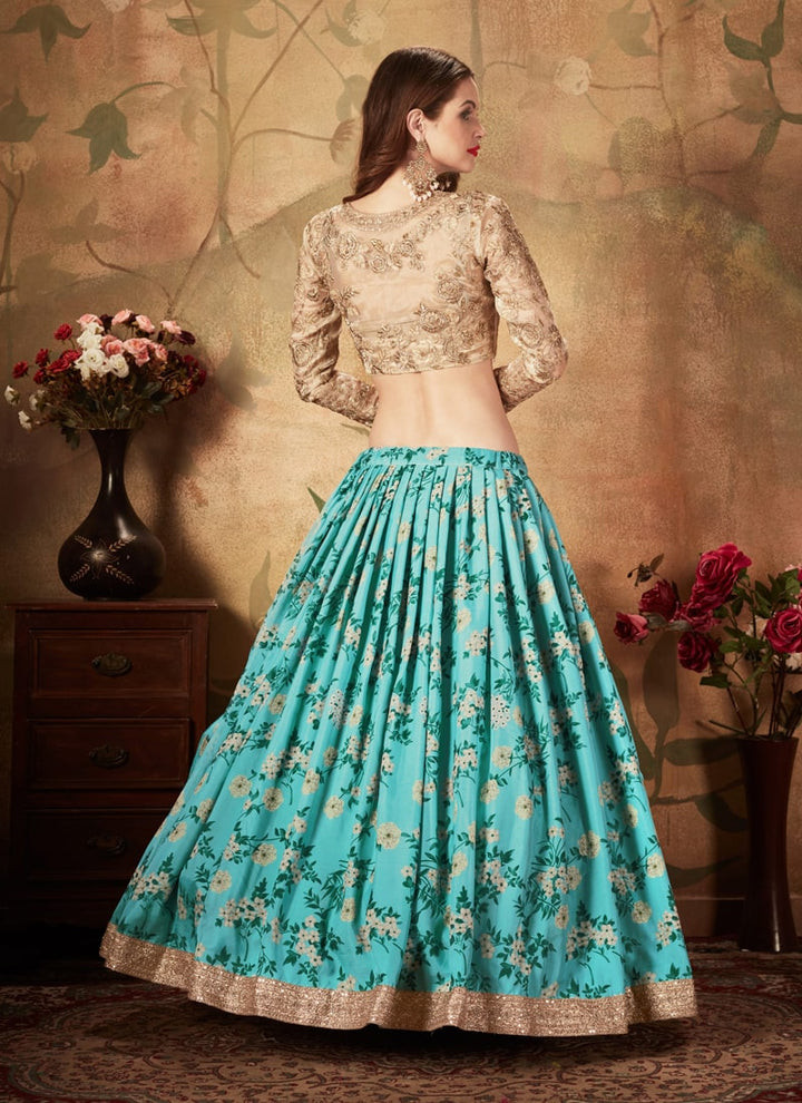 Lassya Fashion Sky Blue And Beige Digital Print Organza Wedding Lehenga