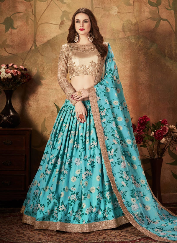 Lassya Fashion Sky Blue And Beige Digital Print Organza Wedding Lehenga