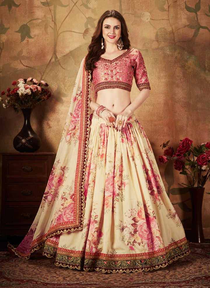 Lassya Fashion Beige And Peach Digital Print Organza Wedding Lehenga