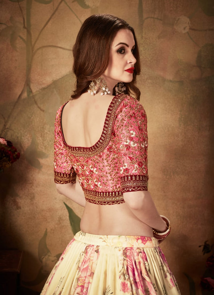 Lassya Fashion Beige And Peach Digital Print Organza Wedding Lehenga