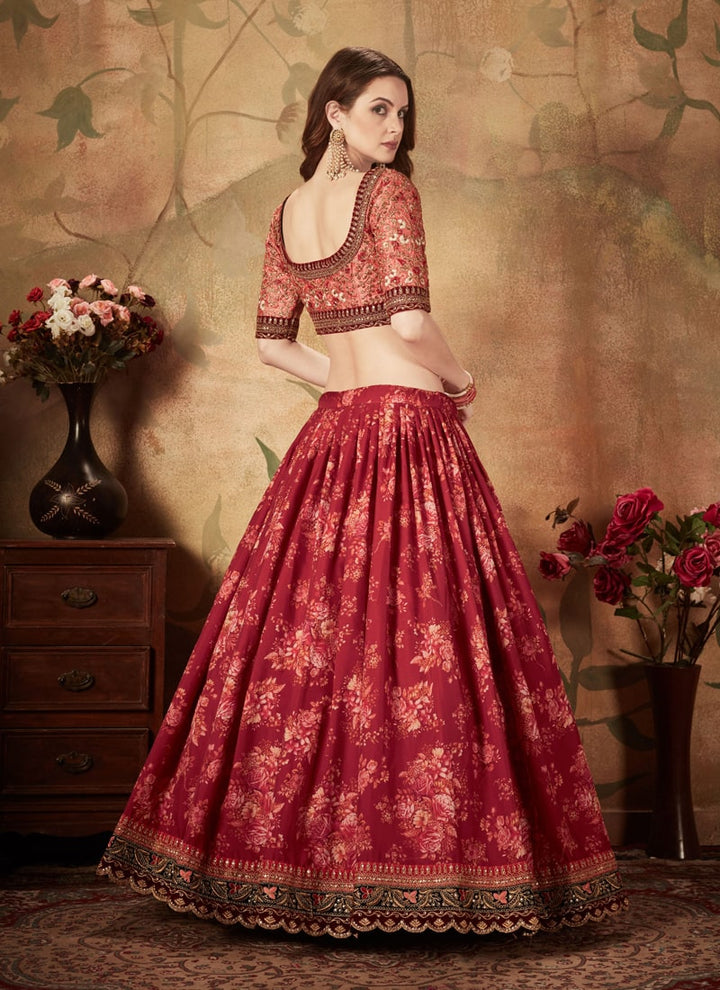 Lassya Fashion Maroon And Peach Digital Print Organza Wedding Lehenga