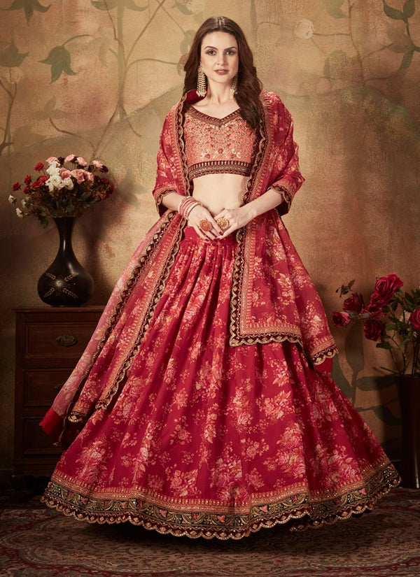 Lassya Fashion Maroon And Peach Digital Print Organza Wedding Lehenga