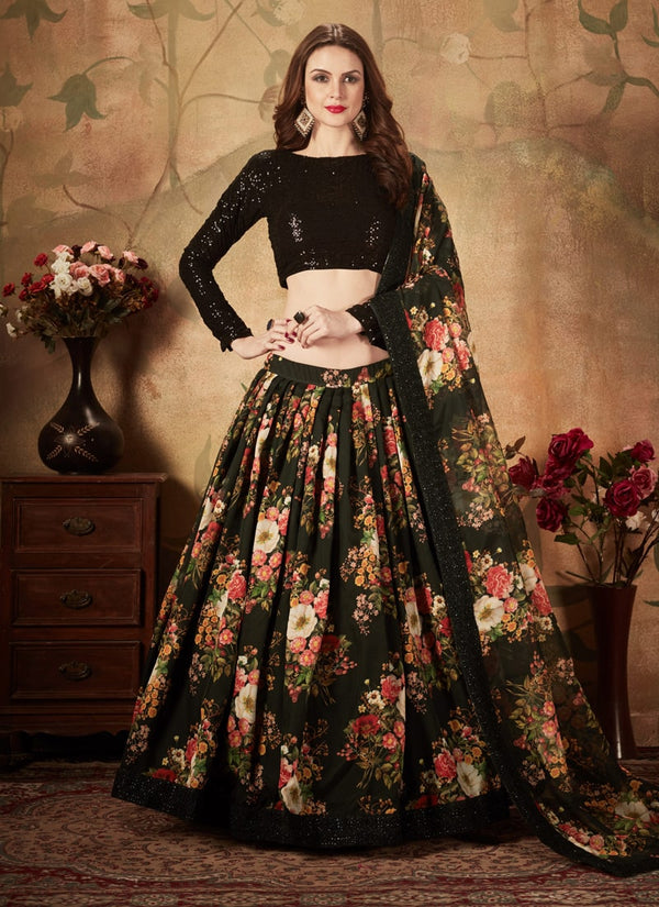 Lassya Fashion Black Digital Print Organza Wedding Lehenga