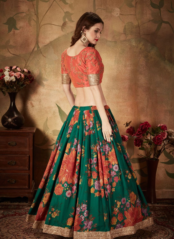 Lassya Fashion Green And Orange Digital Print Organza Wedding Lehenga