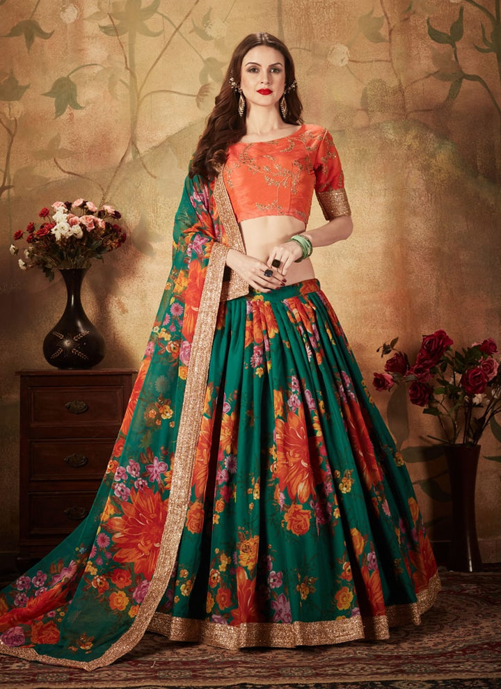 Lassya Fashion Green And Orange Digital Print Organza Wedding Lehenga