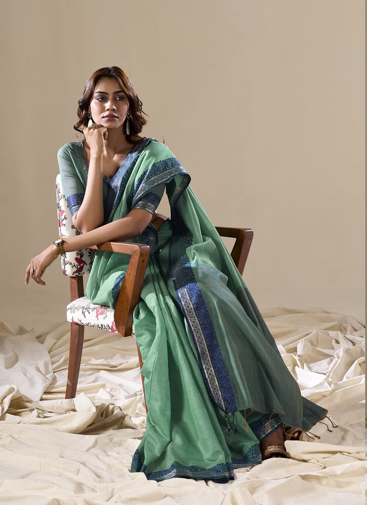 Lassya Fashion Mint Green Handloom Cotton Festive Saree with Contrast Border