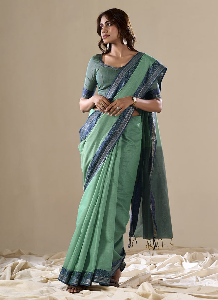 Lassya Fashion Mint Green Handloom Cotton Festive Saree with Contrast Border