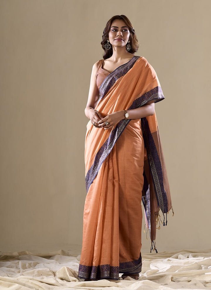 Lassya Fashion Orange Peach Handloom Cotton Festive Saree with Contrast Border