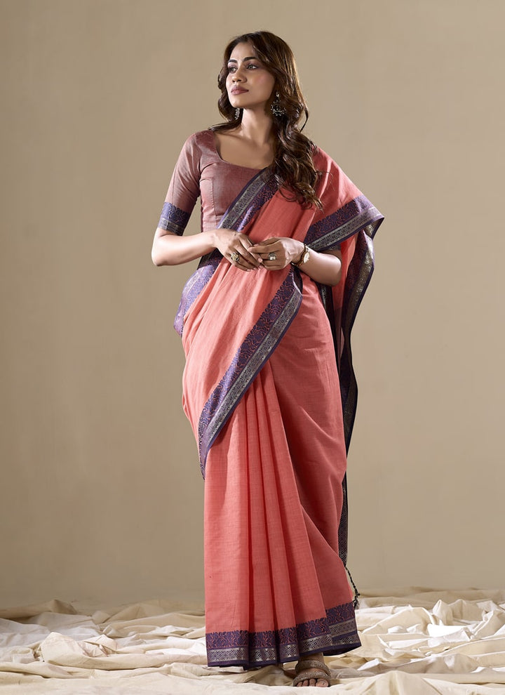 Lassya Fashion Coral Red Handloom Cotton Festive Saree with Contrast Border