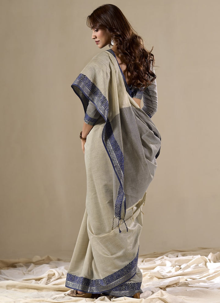 Lassya Fashion Grey Handloom Cotton Festive Saree with Contrast Border