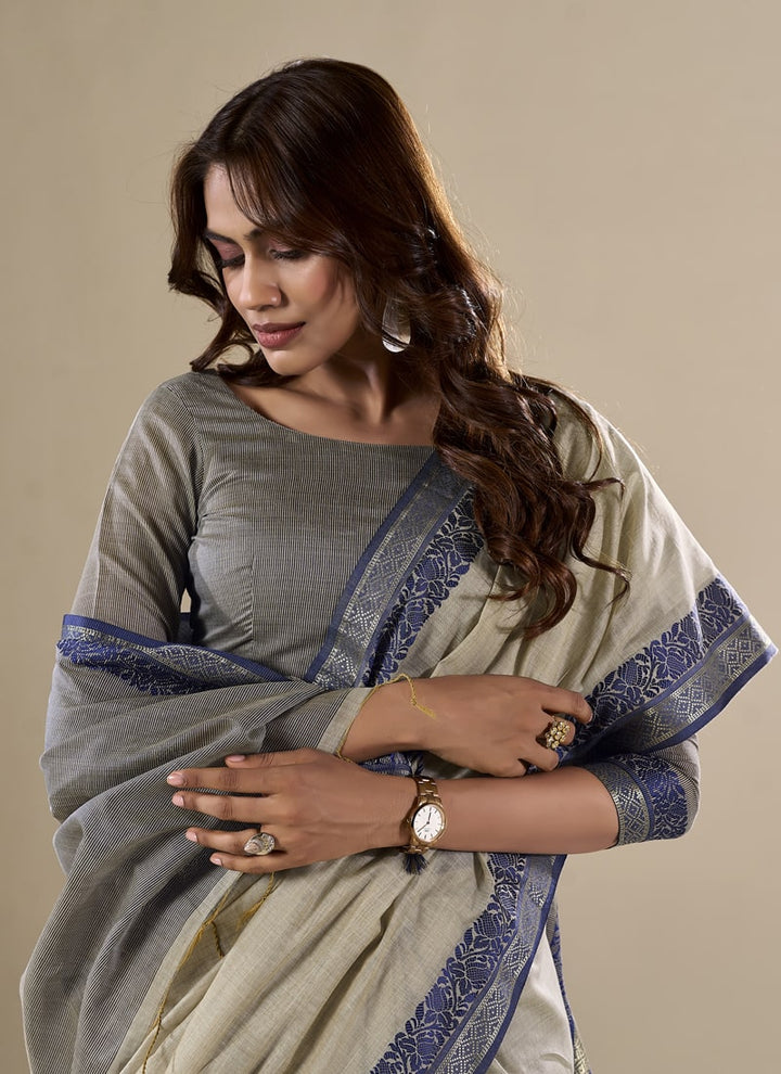 Lassya Fashion Grey Handloom Cotton Festive Saree with Contrast Border