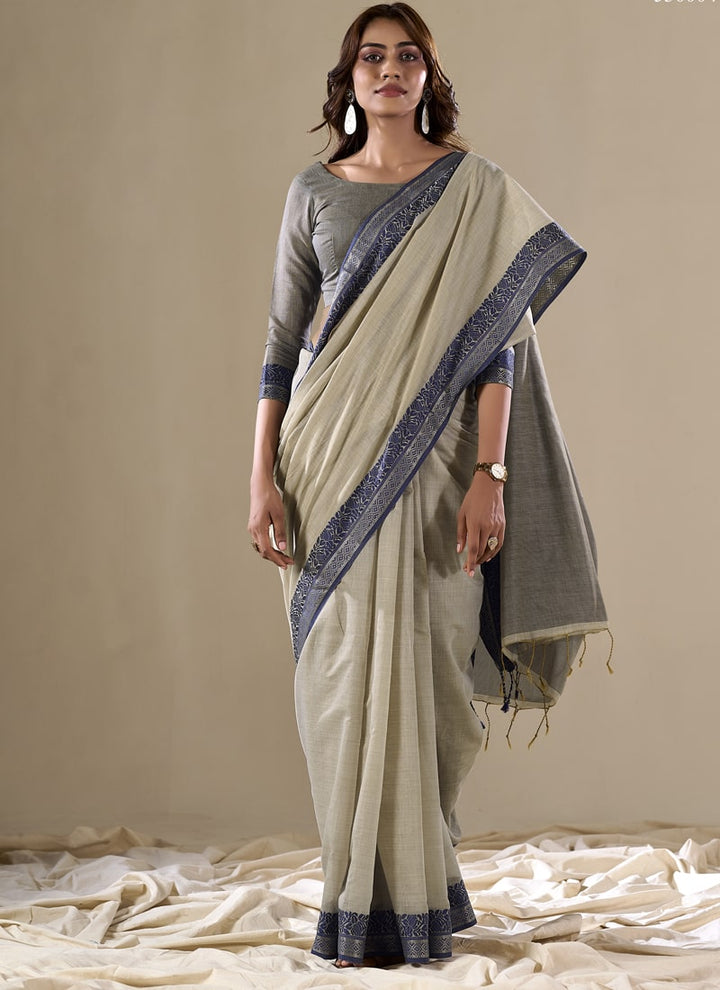 Lassya Fashion Grey Handloom Cotton Festive Saree with Contrast Border