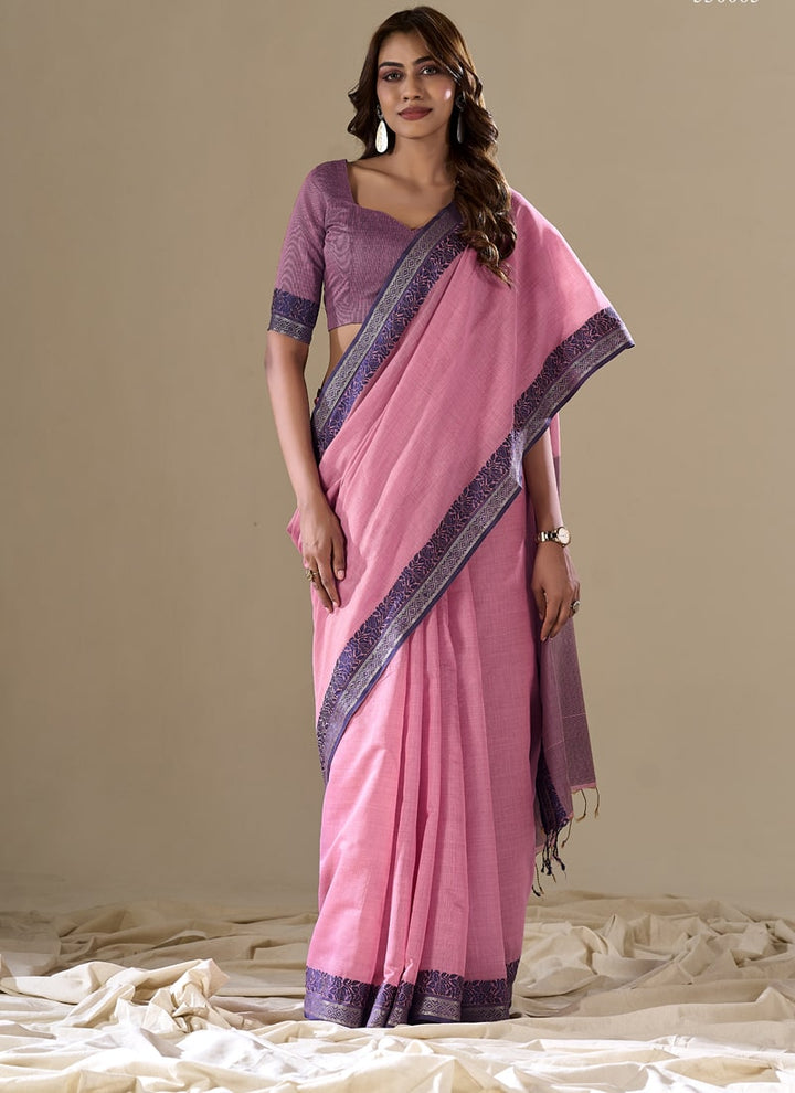 Lassya Fashion Baby Pink Handloom Cotton Festive Saree with Contrast Border