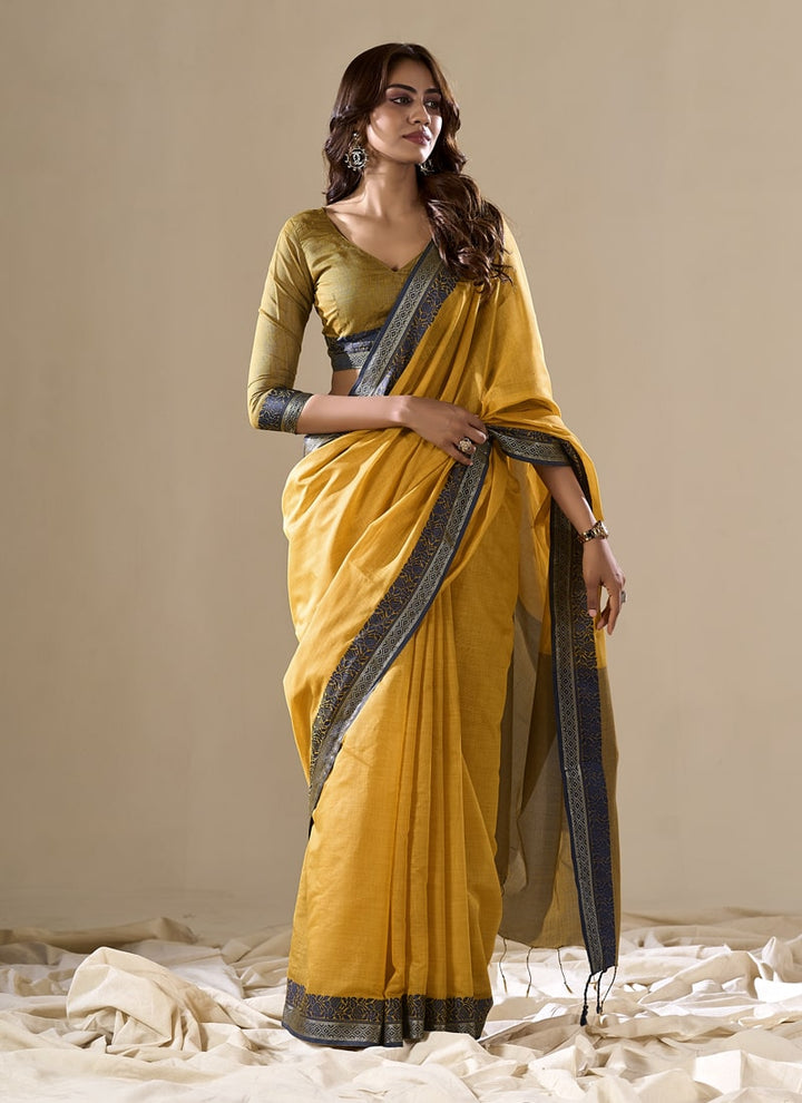 Lassya Fashion Mustard Handloom Cotton Festive Saree with Contrast Border