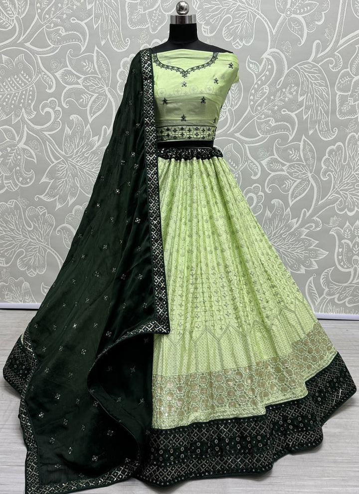 Lassya Fashion Pista Green Elegant Georgette Festive Lehenga Set with Chiffon Dupatta