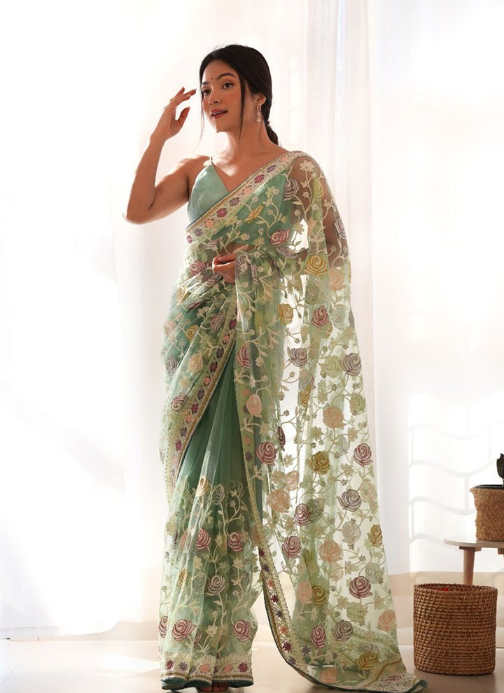 Lassya Fashion Pista Green Multi-Colored Aari Embroidered Partywear Saree with Stone Work