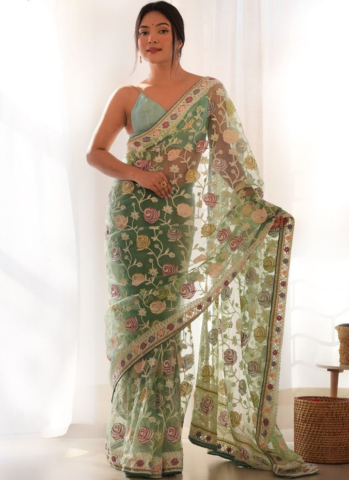 Lassya Fashion Pista Green Multi-Colored Aari Embroidered Partywear Saree with Stone Work