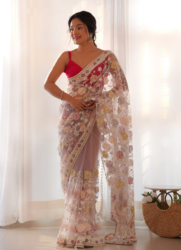 Lassya Fashion White Multi-Colored Aari Embroidered Partywear Saree with Stone Work