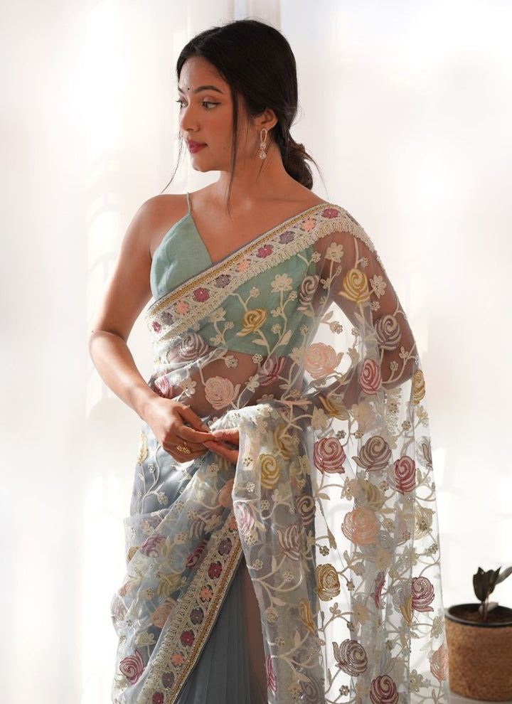 Lassya Fashion Grey Multi-Colored Aari Embroidered Partywear Saree with Stone Work